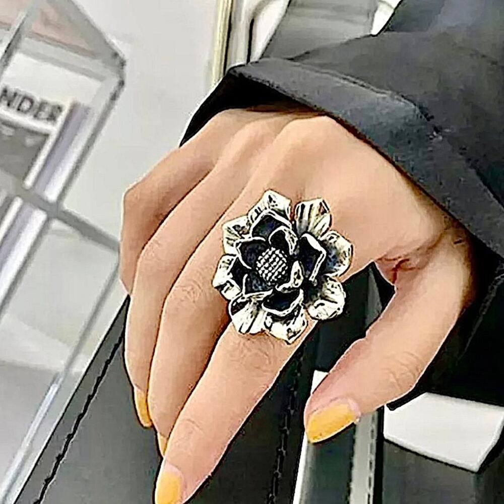 Sterling Silver Flower Ring, Exaggerated, Oversized, Boho, Resizable